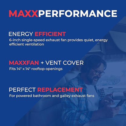 MAXXAIR Maxxfan Mini Plus Vent 6"" Single Speed Exhaust Fan - Quiet and Energy Efficient RV Ventilation & Lighting, White (00-03801)