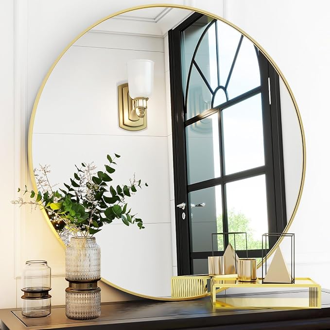 Gold Round Bathroom Mirror 30", Thin Metal Frame Wall Mirror | Circle Vanity Mirror for Over Sink, Hanging or Leaning Decor for Hallway, Entryway, Fireplace Mantel, Living Room