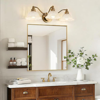 Redluck Vintage Bathroom Vanity Light Fixture, 3-Light Bathroom Lighting Fixtures Over Mirror, Antique Brass Finish with Milk Glass Crystal Glass Shade, Wall Sconces Lighting for Bedroom, Living Room