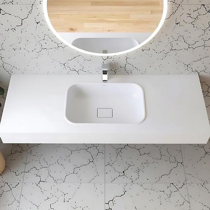 59" x 21.6" Wall-Mounted Stone Resin Rectangular Vessel Sink, Modern Floating Bathroom Sink for Vanity, Art Basin Trough, Durable and Stylish Bathroom Sink for Modern Homes, White