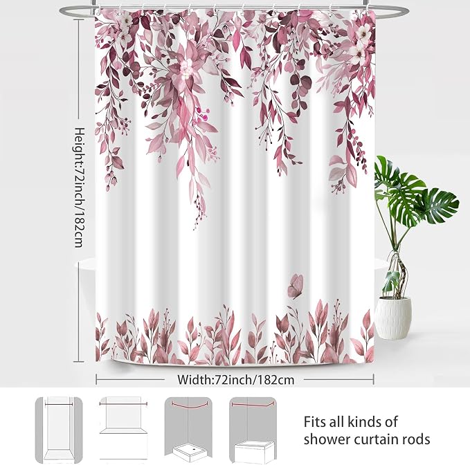 Dark Red Floral Eucalyptus Shower Curtain with Hooks, 72x72 Inch | Waterproof Fabric, Watercolor Leaves and Floral, Botanical Style, Machine Washable, Quick-Drying, for Hotel Bathroom