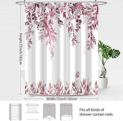 Dark Red Floral Eucalyptus Shower Curtain with Hooks, 72x72 Inch | Waterproof Fabric, Watercolor Leaves and Floral, Botanical Style, Machine Washable, Quick-Drying, for Hotel Bathroom