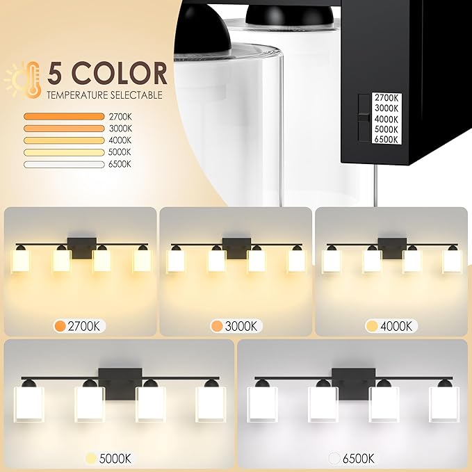 Quntis Black Bathroom Lighting Fixtures Over Mirror with 5 Color Modes, 4 Light Dimmable LED Bathroom Vanity Light, with Eye Care Milk White Frosted Glass, 28W Energy Saving, 27 Inch (Bulbs Included)
