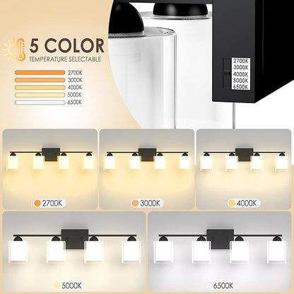 Quntis Black Bathroom Lighting Fixtures Over Mirror with 5 Color Modes, 4 Light Dimmable LED Bathroom Vanity Light, with Eye Care Milk White Frosted Glass, 28W Energy Saving, 27 Inch (Bulbs Included)