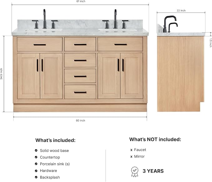 ARIEL Hepburn 60-inch Bathroom Vanity with Sink,Solid Wood, 1.5-inch Italian Carrara Marble Countertop, Double Rectangular Porcelain Sink, 4 Soft Closing Doors, 6 Dovetail Drawers, White Oak