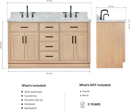 ARIEL Hepburn 60-inch Bathroom Vanity with Sink,Solid Wood, 1.5-inch Italian Carrara Marble Countertop, Double Rectangular Porcelain Sink, 4 Soft Closing Doors, 6 Dovetail Drawers, White Oak