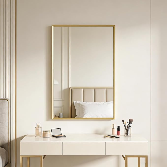 Bathroom Wall Mirror, 16" x 24" Brushed Gold Vanity Mirror for Over Sink | Rectanglar Metal Framed Mirror for Over Sink, Tempered Glass, Anti-Rust, Hangs Horizontally or Vertically