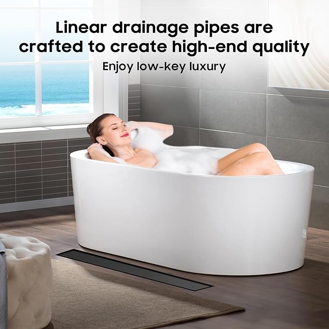 DLONE® Linear Shower Drain - 28 Inch Matte Black, with Tile Insert Pane | AISI 304 Stainless Steel Linear Drain, Rectangle Shower Floor Drain, with Adjustable Feet, Fits Bathroom & Balcony etc