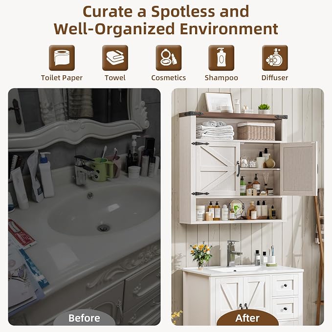 Bathroom Wall Cabinet, Farmhouse Medicine Cabinet with Adjustable Shelves and 2 Barn Doors, Wall Mounted Over the Toilet Storage Cabinet for Bathroom, Laundry Room, Kitchen, Rustic White and Brown