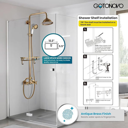 gotonovo Antique Brass Exposed Bathroom Shower Faucet with Shower Shelf 8 inch Rain Shower Head Double Cross Handle With Adjustable Handheld Sprayer Shower Shower System 2 Functions Wall Mounted
