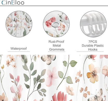 Small Stall Pink Floral Women Girls Coral Leaf Bathroom Shower Curtain Set | 36"W x 72"H Watercolor Wildflower; waterproof HD print, quick-dry fabric and plastic hooks for easy setup.