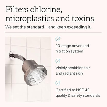 High Pressure 20-Stage Filtered Shower Head for Hard Water | Removes chlorine & heavy metals for healthier hair & skin; dermatologist-formulated water softener shower head filter