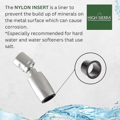 High Sierra® Classic™ Solid Metal 1.8 GPM Award Winning, Low Flow Shower Head. Patented Nozzle Never Clogs. Long Nut Hides Shower Arm Threads. Oil Rubbed Bronze Finish