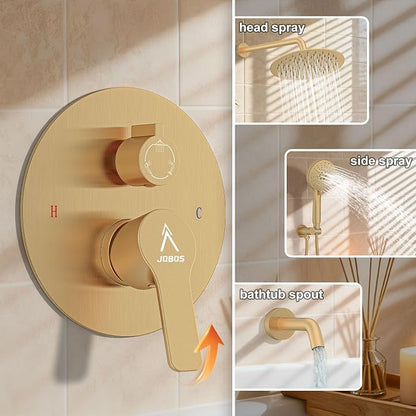 3 Functions Shower System，Modern Three-Setting 10-Inch Round Rain Shower Head and Faucet Set，Shower Faucet Set Complete Rough-in Valve and Trim Kit Included（Brushed Gold）
