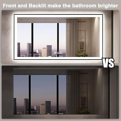 EchosLife 60x28 LED Bathroom Mirror for Wall - Black Aluminum Framed | Black Frame, Front and Backlit, Anti-Fog, Stepless Dimmable, 3 Colors, Memory, Tempered Glass, UL Listed, Horizontal/Vertical