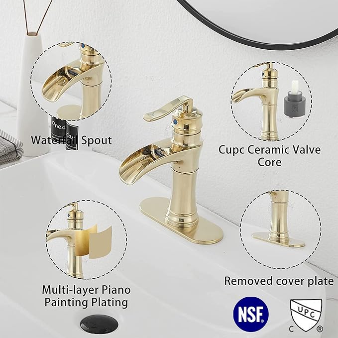 Waterfall Bathroom Faucet Brushed Gold GGStudy Single Handle One Hole Farmhouse Bathroom Vanity Faucet Basin Mixter Tap Deck Mount with Drain Assembly