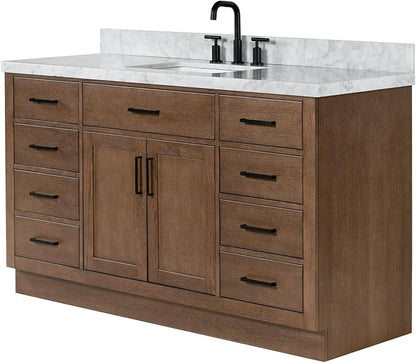 ARIEL Hepburn 60-inch Bathroom Vanity with Sink,Solid Wood, 1.5-inch Italian Carrara Marble Countertop, Single Rectangular Porcelain Sink, 2 Soft Closing Doors, 9 Dovetail Drawers, Brown Oak