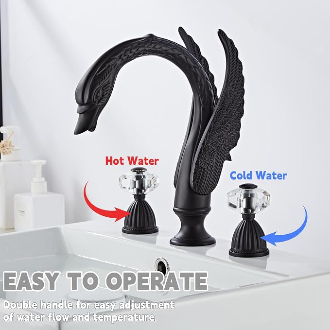 Golden Black Ornate Swan Style Bathroom Sink Faucet Combo Deck Mount Sink Mixer Tap Set Hot Cold Water