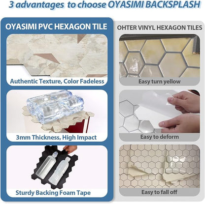 20 Sheets Hexagon Peel and Stick Backsplash for Kitchen Wall, Heat Resistant Stick on Backsplash PVC Smart Tiles, 12'' Ecru Beige Stone Waterproof Peel and Stick Tile for Bathroom