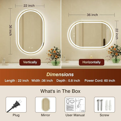 22x36 Inch Oval Gold Framed LED Bathroom Mirror with Lights,Wall-Mounted Mirror with Anti-Fog, 3 Color Temperature, Dimmable Brightness, Waterproof, Tempered Glass, Frontlit & Backlit