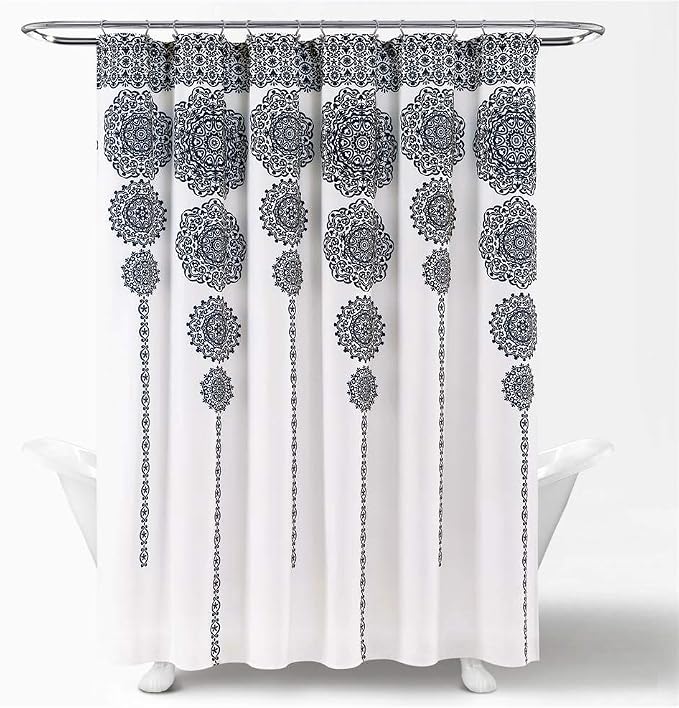 Lush Decor Stripe Medallion Shower Curtain-Fabric Mandala Bohemian Damask Print Design, 72" x 72", Navy