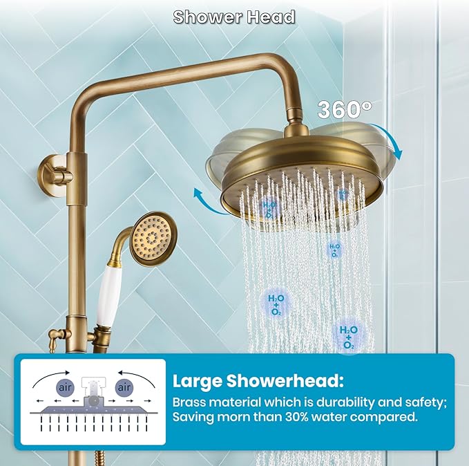 gotonovo Luxury Exposed Shower Faucet Set Bathroom Shower System 8 Inch Wall Mount Rainfall Shower Head with Handheld Spray Cross Double Handle Shower Fixture Adjustable Straight Rod Antique brass
