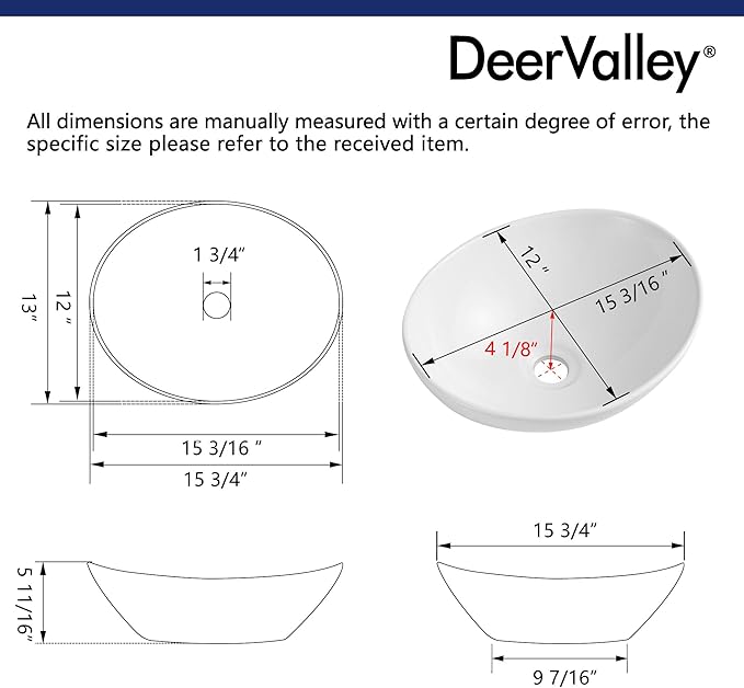 DeerValley Bathroom Vessel Sink, 16" x 13" Oval White Ceramic Vessel Sink, Modern Egg Shape Above Counter Bathroom Vanity Bowl, Porcelain Bathroom Vessel Vanity Sink Art Basin, DV-1V051