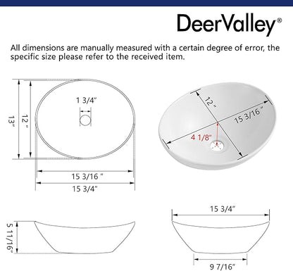 DeerValley Bathroom Vessel Sink, 16" x 13" Oval White Ceramic Vessel Sink, Modern Egg Shape Above Counter Bathroom Vanity Bowl, Porcelain Bathroom Vessel Vanity Sink Art Basin, DV-1V051