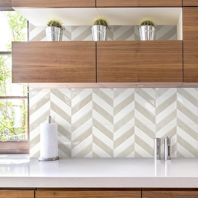 STICKGOO Herringbone Peel and Stick Backsplash, White & Beige, 10 Sheets | 12.6 x 9.7 in, Thicker Rectangular Vinyl Stick-On Wall Tiles, Easy Alignment, Waterproof, Easy to Clean, Kitchen/Bathroom