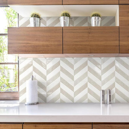 STICKGOO Herringbone Peel and Stick Backsplash, White & Beige, 10 Sheets | 12.6 x 9.7 in, Thicker Rectangular Vinyl Stick-On Wall Tiles, Easy Alignment, Waterproof, Easy to Clean, Kitchen/Bathroom