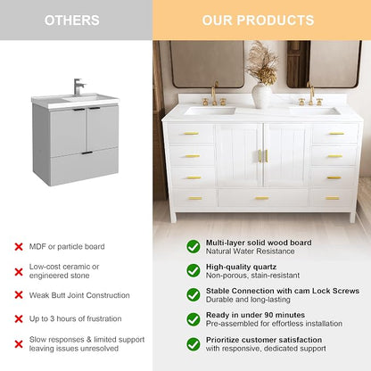 60 Inch Bathroom Vanity with Double Sink&Countertop,Carrara White Quartz Counter Top with Sink&Backsplash,White Bathroom Cabinet Set with 2 Doors and 9 Drawer(Three Holes)