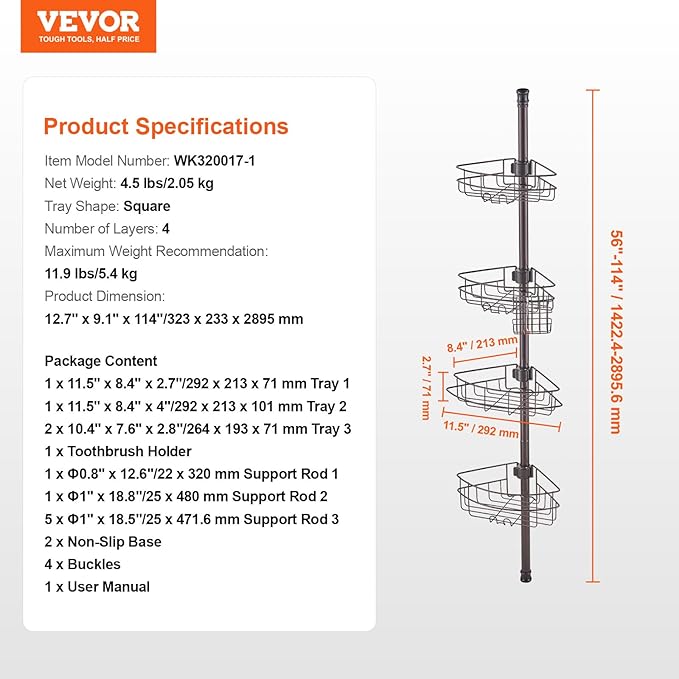VEVOR Corner Shower Caddy Tension Pole, 4 Tier Adjustable Rustproof Organizer Shelves for Bathroom & Washroom, 42-114inch High, Bronze