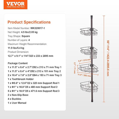 VEVOR Corner Shower Caddy Tension Pole, 4 Tier Adjustable Rustproof Organizer Shelves for Bathroom & Washroom, 42-114inch High, Bronze
