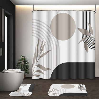 Bathroom Sets with Shower Curtain and Rugs, Boho, 4 Pcs Geometric | Vintage Abstract Minimalist Bathroom Decor Set with Toilet Lid Cover, Non-Slip Bath Mats and Accessories 12 Hooks