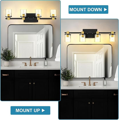 Lightdot 4 Light Bathroom Vanity Light, 27.5" Black and Gold Bathroom Light Fixtures with Glass Waterproof Shades, Rust-Proof Modern Vanity Lights Over Mirror for Kitchen Hallway Cabinet Porch