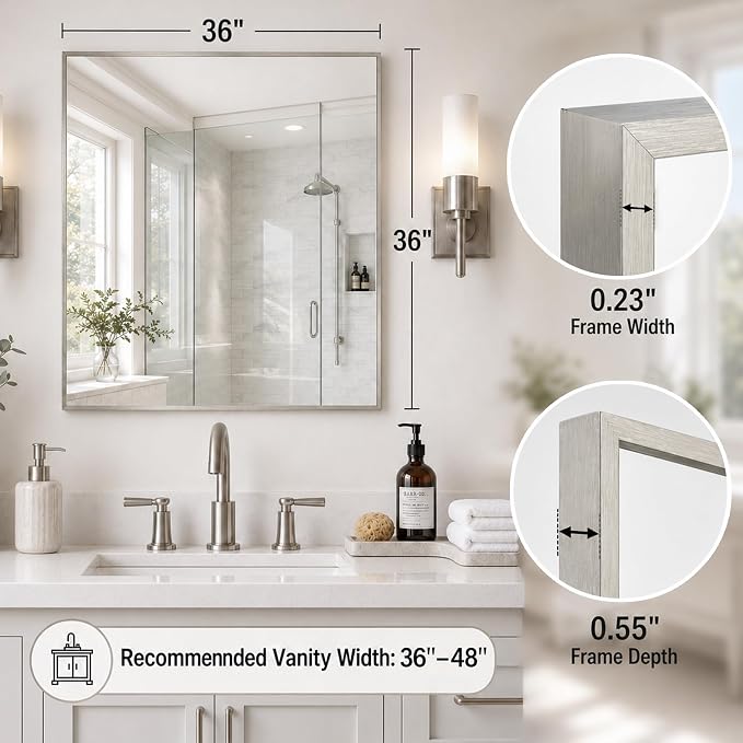 36"x36" Brushed Nickel Framed Square Bathroom Vanity Wall Mirror | Accent Wall Mirror, Square Geometric Look, Slim Metal Frame, Living Room or Entryway, Keyhole Mount, Tempered Glass