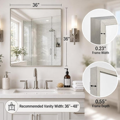 36"x36" Brushed Nickel Framed Square Bathroom Vanity Wall Mirror | Accent Wall Mirror, Square Geometric Look, Slim Metal Frame, Living Room or Entryway, Keyhole Mount, Tempered Glass