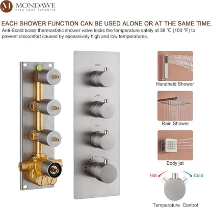 MONDAWE 12 Inch Thermostatic Shower System in Brushed Nickel, Wall Mounted Shower Head with Handheld Spray and 6 Body Jets, High Pressure Bathroom Shower Faucet Set with Thermostatic Valve