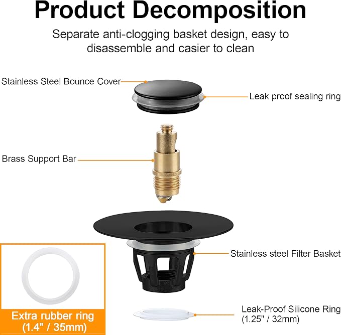 Black Bathroom Sink Drain Stopper, Sink Stopper Fits for 1.25" Drain Hole with 3 Rubber Rings, Anti Clogging Pop up Drain Filter Plug, Wash Basin Strainer with Basket, Matte Black
