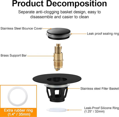 Black Bathroom Sink Drain Stopper, Sink Stopper Fits for 1.25" Drain Hole with 3 Rubber Rings, Anti Clogging Pop up Drain Filter Plug, Wash Basin Strainer with Basket, Matte Black