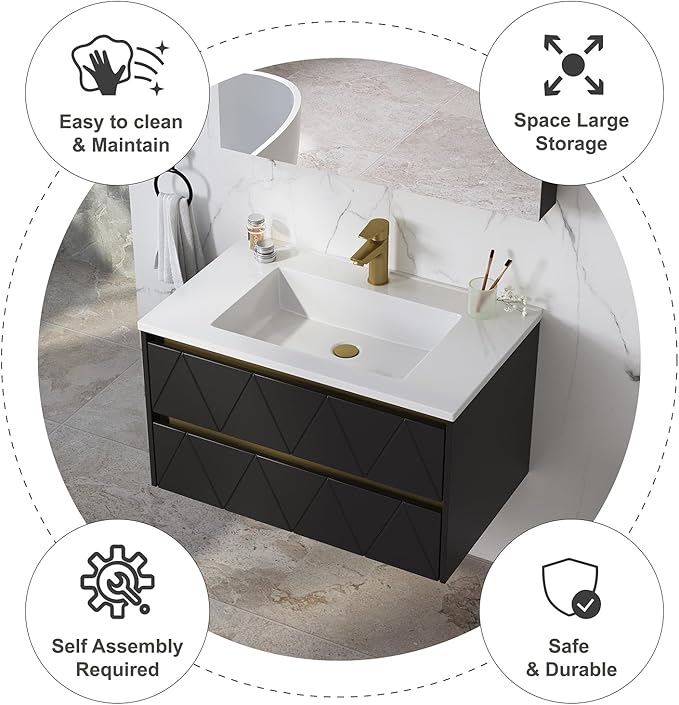 30 Inch Bathroom Vanity with Sink, Wall Mounted Floating Vanity with Modern Stripe Design, Floating Vanity Bathroom with U-Shaped Drawer, 30 Inch Vanity with Sink, Hidden Handle, Black