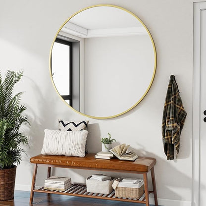 Large Gold Round Bathroom Mirror 48" with Thin Metal Frame | Circle Wall Mounted Mirror Hanging or Leaning Decor for Hallway, Entryway, Fireplace Mantel, Living Room