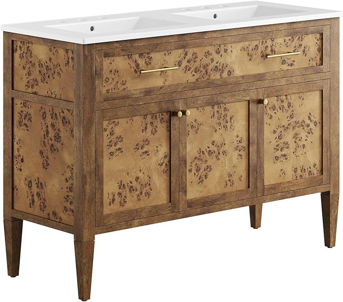 Modway Elysian 48" Burl Wood Double Bathroom Vanity in White Brown with Ceramic Sink Basin