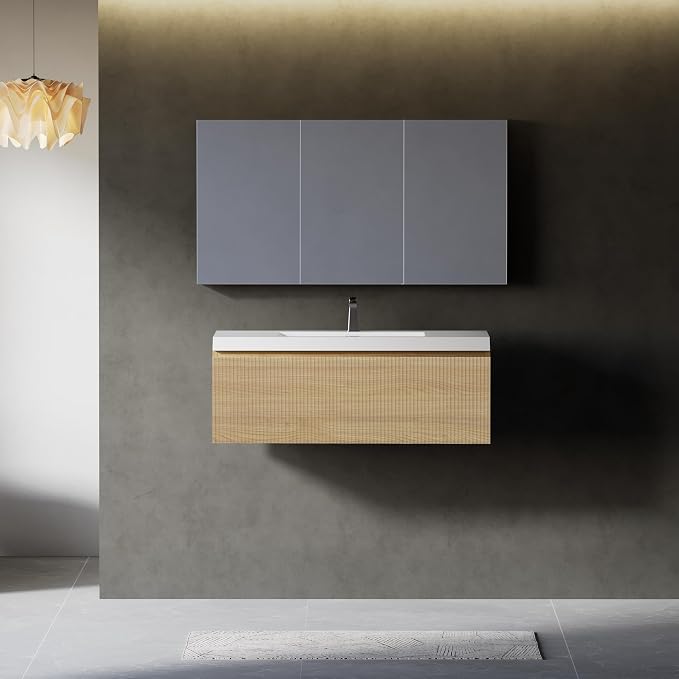 36" Floating Bathroom Vanity with Sink, Wall-Mounted Modern Oak Storage Cabinet, Wave-Textured Soft-Close Drawer & Glossy White Solid Surface Basin, Natural Oak