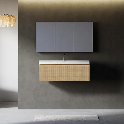 36" Floating Bathroom Vanity with Sink, Wall-Mounted Modern Oak Storage Cabinet, Wave-Textured Soft-Close Drawer & Glossy White Solid Surface Basin, Natural Oak
