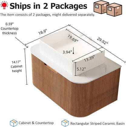 30'' Floating Bathroom Vanity with Sink, Modern Storage Vanities with Rectangular Ceramic Basin and Marble Top, Extra Large Drawer, Soft-Close Design, Pre-Assembled Cabinet, Nature Wood