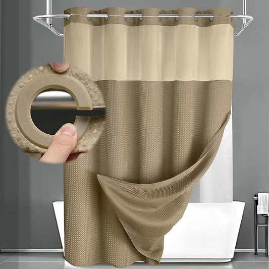 No Hook Shower Curtain with Liner Set Hotel Waffle Curtain Beige 72W X 75L | Washable Snap in Fabric Liner, Mesh Top Window, Waffle Hotel Style Shower Curtain Set