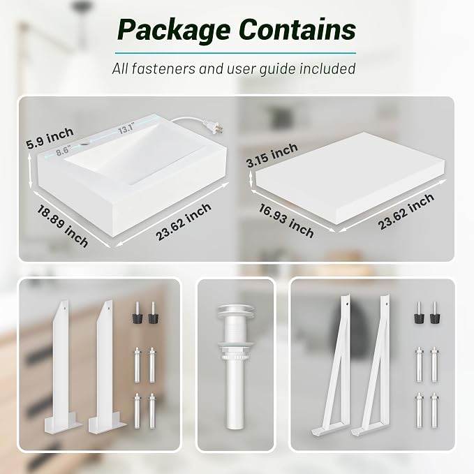 24"x19" Wall Mount Bathroom Vanity with LED Smart Sensor Light, Stone Resin Floating Vanity Sink Rectangular Vessel White Trough Art Basin with Shelf Layer