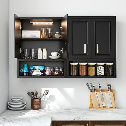 Black Wall Cabinet 23x29 inch for Bathroom Laundry Room Bedroom Kitchen Wood Medicine Cabinet, DIY Lighting, Soft-Close Hinge, 2 Door,Above Toilet Storage