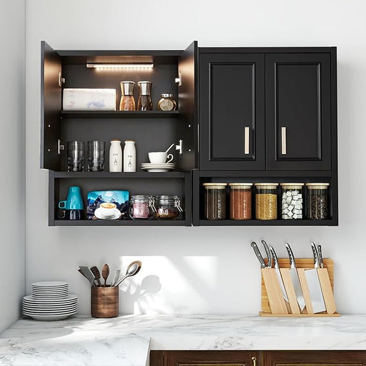 Black Wall Cabinet 23x29 inch for Bathroom Laundry Room Bedroom Kitchen Wood Medicine Cabinet, DIY Lighting, Soft-Close Hinge, 2 Door,Above Toilet Storage